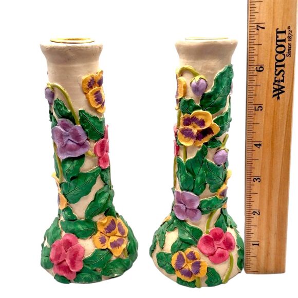 Vintage Floral Hand Painted Candle Holders 3D Resin & Brass Colorful 7" Flowers - Picture 7 of 10